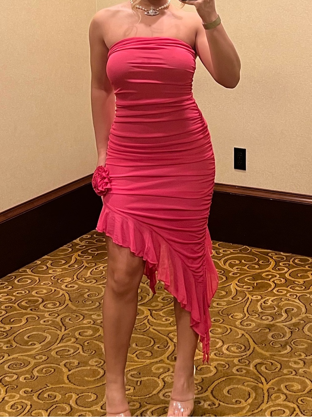 White Fox Boutique Strapless Ruched Hot Pink Asymmetrical Dress